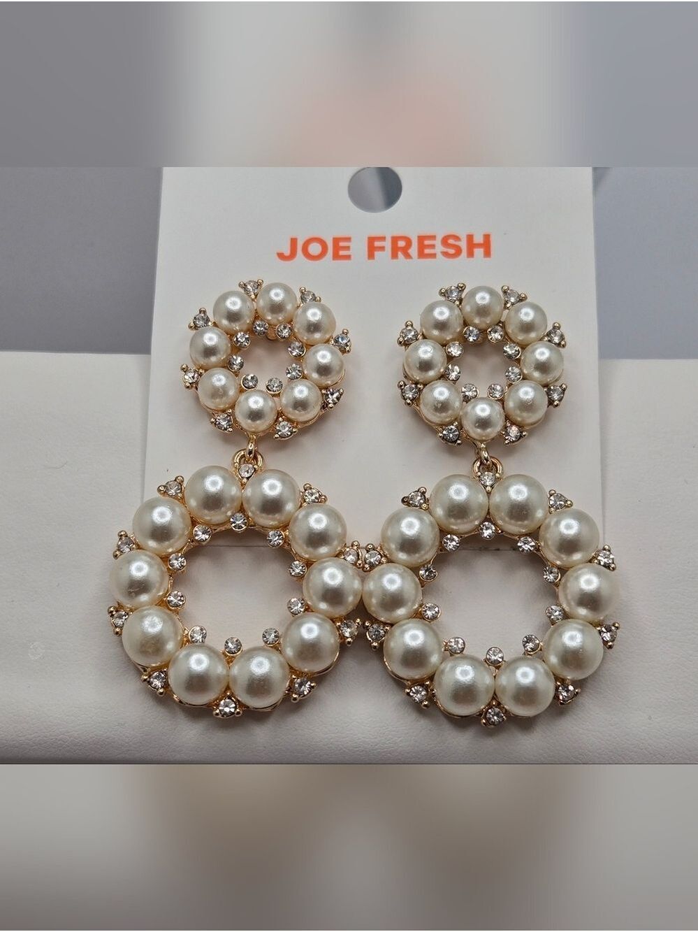 ✨2/$10✨ Double Circle Pearl Rhinestone Earrings Gold Tone 2.75" Bride Joe Fresh